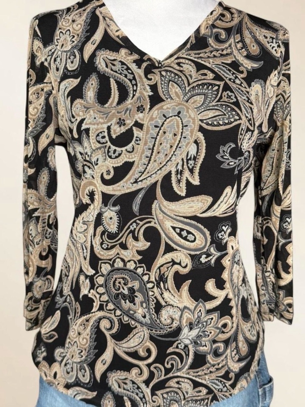 Croft & Barrow Black Tan Paisley Blouse Small Sheer Mesh Sleeves Whimsigoth